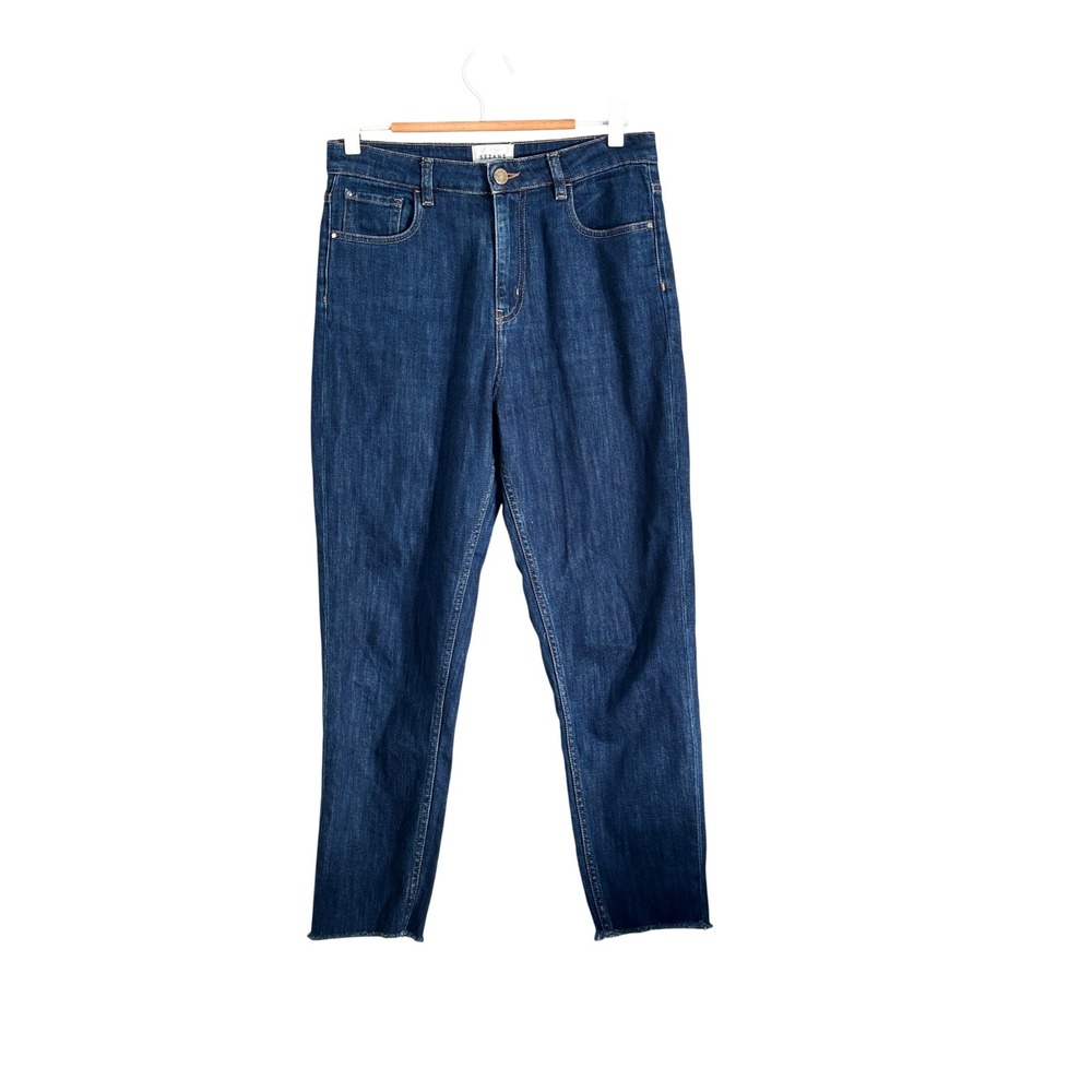 Sezane Slim High Waisted Skinny Jeans Dark Indigo Raw Hem Size‎ 28 - Picture 15 of 16